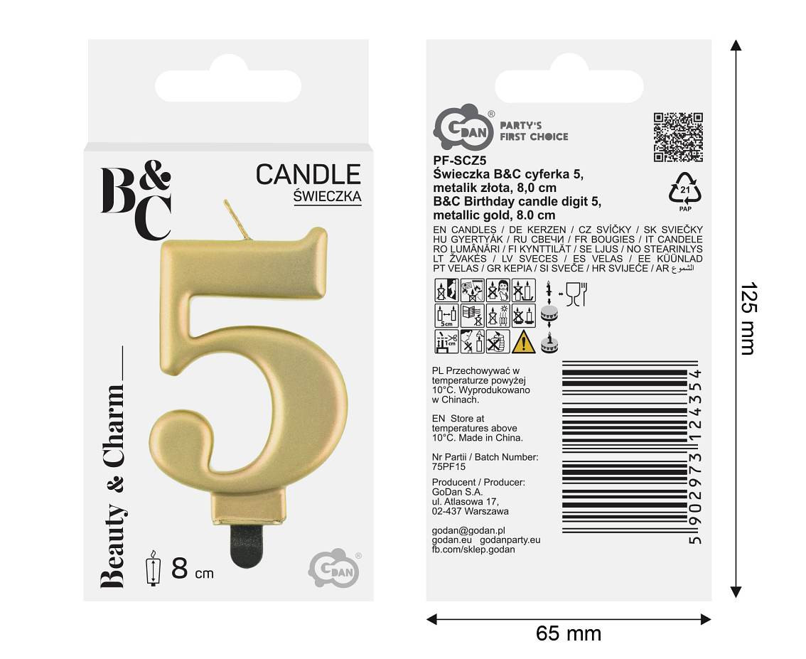 Birthday candle digit 5, metallic gold,  8.0 cm
